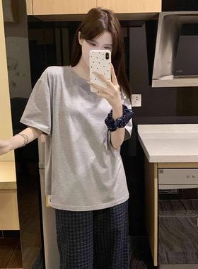 韩版灰色纯棉睡衣女款夏季2025新款简约t恤短袖长裤可外穿家居服