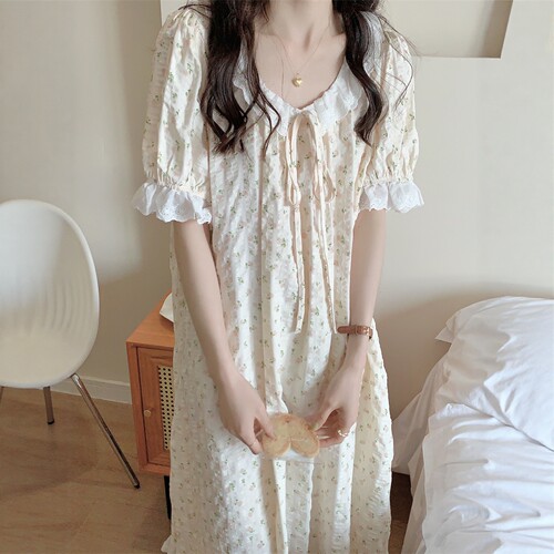 甜美碎花棉麻睡裙女夏季
