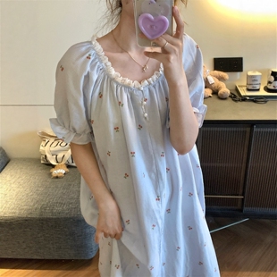 甜美小樱桃棉麻睡裙女夏季花边圆领短袖宽松连衣裙可外穿家居服