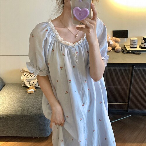 甜美小樱桃棉麻睡裙女夏季花边圆领短袖宽松连衣裙可外穿家居服