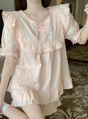 甜美公主风全棉睡衣女夏天薄款提花少女可爱短袖短裤家居服两件套