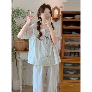 韩版减龄条纹短袖长裤睡衣女春秋2024夏季新款简约蕾丝方领家居服