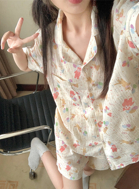 气球小熊可爱双层纱睡衣夏季女款2024新款卡通棉麻翻领家居服套装