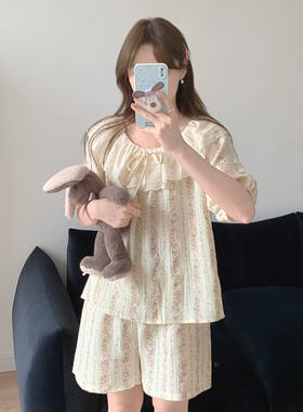 韩系温柔小碎花棉纱睡衣女款夏甜美花边领短袖短裤宽松家居服套装