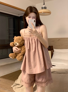 宫廷风甜美蕾丝边吊带睡衣女款夏季纯色背心短裤可外穿家居服套装