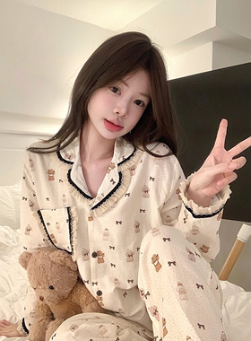 卡通可爱狗狗棉纱睡衣女秋冬季蕾丝花边长袖宽松可外穿家居服套装