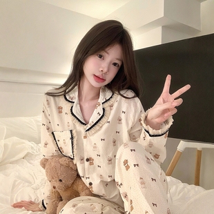 宽松可外穿家居服套装 蕾丝花边长袖 卡通可爱狗狗棉纱睡衣女春秋季