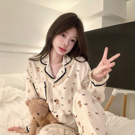 卡通可爱狗狗棉纱睡衣女秋冬季蕾丝花边长袖宽松可外穿家居服套装