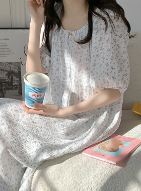 韩系碎花纯棉纱布睡裙女2026新款短袖宽松慵懒可外穿连衣裙家居服