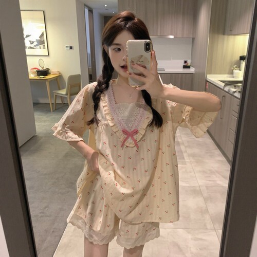 甜美樱桃V领全棉睡衣女款夏季