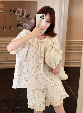 甜美少女碎花小熊睡衣女夏季圆领花边领短袖宽松家可外穿居服套装