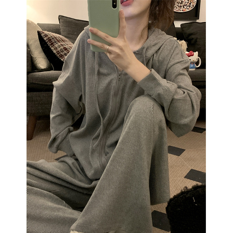 韩系简约条纹舒适针织连帽睡衣冬季女款休闲长袖套装可外穿家居服