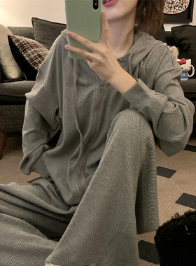 韩系简约条纹舒适针织连帽睡衣冬季女款休闲长袖套装可外穿家居服