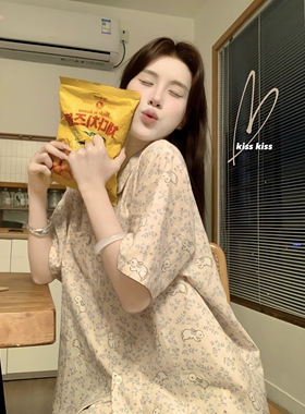 可爱小兔纯棉纱布睡衣女夏季2025新款短袖翻领开衫两件套装家居服