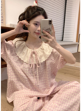 韩版格子蕾丝娃娃领棉麻睡衣女款夏季翻领短袖长裤宽松套装家居服