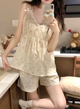 甜美少女碎花纯棉纱吊带睡衣女款夏季可爱背心短裤两件套装家居服