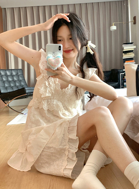 复古宫廷风吊带短裤睡衣夏季女蕾丝花边带胸垫睡裙两件套装家居服