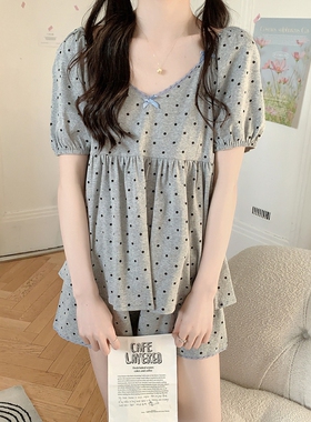 韩系波点简约舒适睡衣女款夏休闲v领花边短袖可外穿家居服两件套