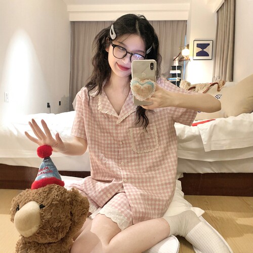 棉纱布睡衣女款夏季蕾丝花边