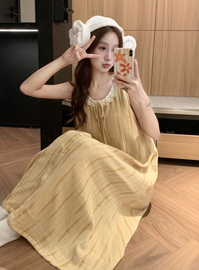 韩系条纹纯棉纱背心睡裙女夏季2025新款宽松开衫无袖可外穿家居服