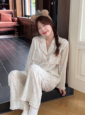 甜美简约小格子碎花睡衣女春秋季休闲舒适长袖长裤舒适套装家居服