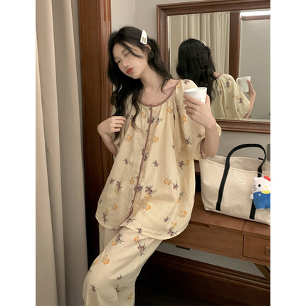 复古新中式全棉睡衣女夏季新款国风简约宽松短袖长裤家居服两件套