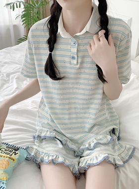 韩系条纹简约睡衣女款夏季甜美休闲翻领宽松短袖可外穿家居服套装