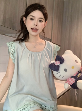 韩版甜美小飞袖睡衣女款夏季新款无袖短裤宽松可外穿家居服两件套