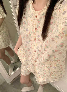 可爱花园双层纱睡衣夏天女款薄款棉麻甜美花边短袖短裤宽松家居服