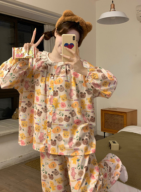 可爱小熊磨毛纯棉睡衣女春秋季长袖新款网红宽松可外穿家居服套装