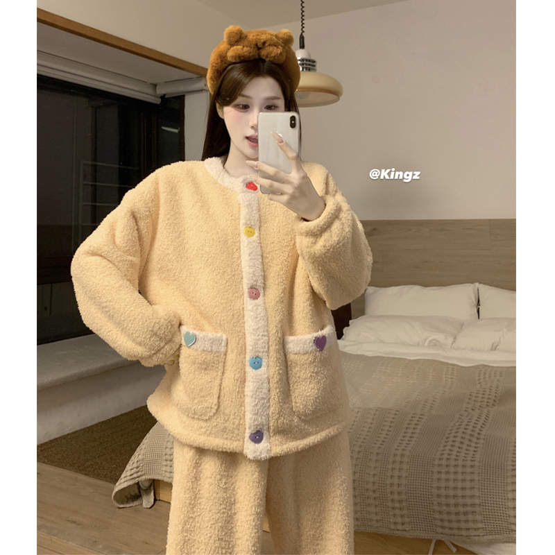 拼色珊瑚绒睡衣女秋冬季可外穿