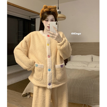 简约拼色珊瑚绒睡衣女秋冬季新款法兰绒开衫可外穿加绒加厚家居服