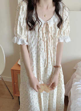 公主风娃娃领棉麻睡裙女夏季2025新款甜美碎花短袖睡衣宽松家居服