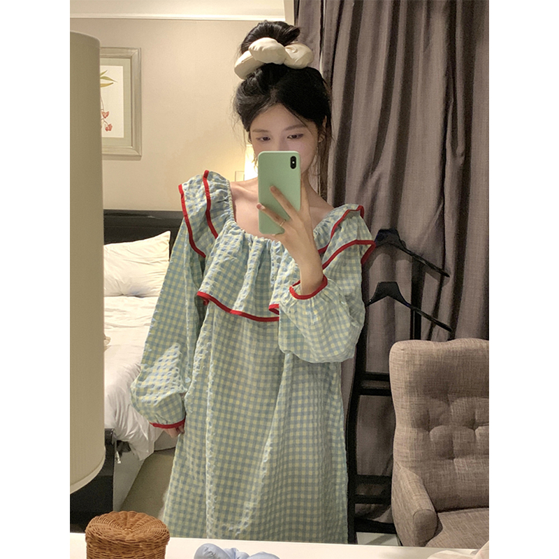 撞色格子棉麻睡裙女春秋季