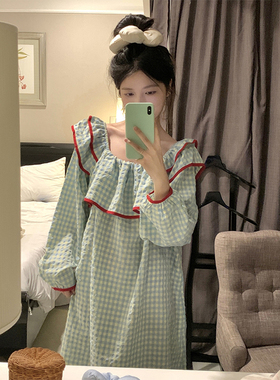 韩系撞色格子棉麻睡裙女春秋季2025新款简约长袖宽松可外穿家居服