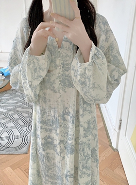 韩版ins碎花棉纱睡裙女春秋季2025新款甜美V领棉麻宽松长裙家居服