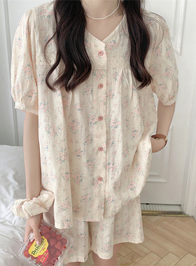 韩系简约温柔花色棉麻睡衣女夏季2025新款短袖花边睡裙家居服套装