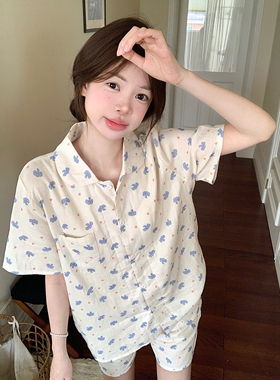 甜美可爱小象棉纱睡衣女款夏季卡通polo领短袖短裤开衫家居服套装