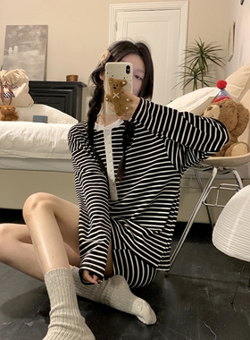 韩系条纹简约莫代尔睡衣女秋季舒适撞色长袖短裤套装家居服可外穿