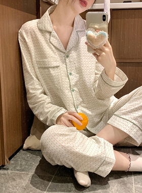 少女小清新碎花棉纱睡衣女春秋季简约翻领长袖长裤开衫家居服套装
