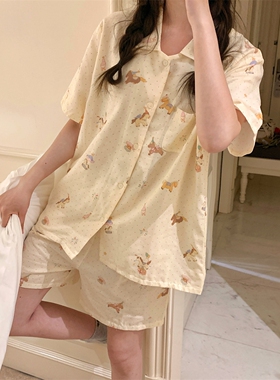 可爱波点驯鹿纯棉纱睡衣女夏季2026新款短袖短裤开衫两件套家居服