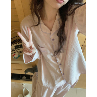 韩版条纹撞色棉麻睡衣女春秋季长袖宽松翻领开衫可外穿家居服套装