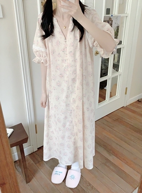 韩系简约风碎花v领睡裙女夏季休闲舒适短袖宽松慵懒连衣裙家居服