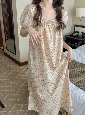 甜美日系小碎花全棉睡裙女夏天公主风圆领短袖宽松连衣长裙家居服