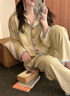 韩系简约少女撞色睡衣女秋冬季舒适翻领长袖宽松可外穿家居服套装