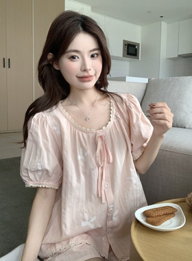 韩版甜美提花睡衣女款夏季2025新款短袖短裤宽松透气可外穿家居服