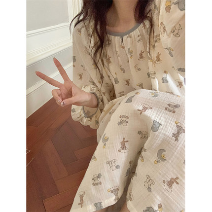 韩系卡通可爱圆领棉麻睡裙女春秋季甜美双层纱布中长款宽松家居服
