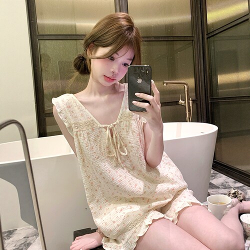 甜美碎花棉纱v领睡衣女款夏