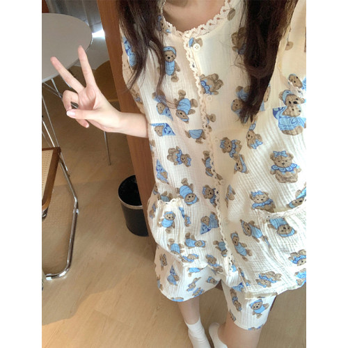 可爱制服熊卡通花边领短袖家居服