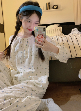 甜美可爱印花圆领棉麻睡衣女春秋季2024新款纱布长袖两件套家居服